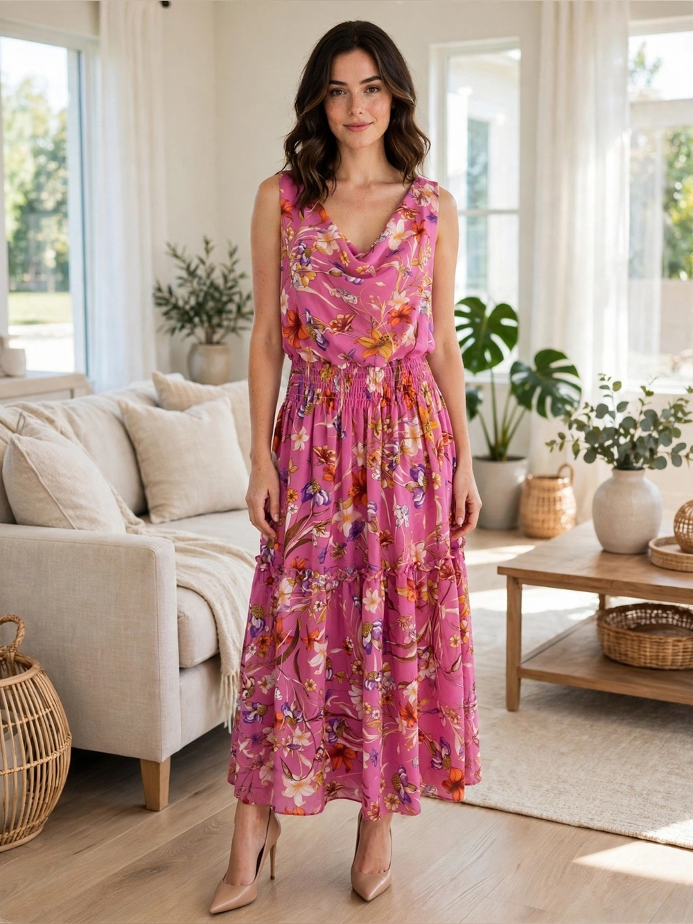 Maison Tara Pink & Orange Floral Draped Maxi Dress